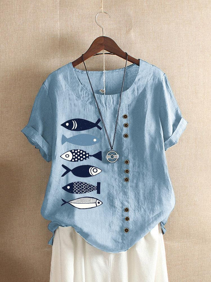 Comfysol Button Cartoon Fish Print Short Sleeve Casual Blouse