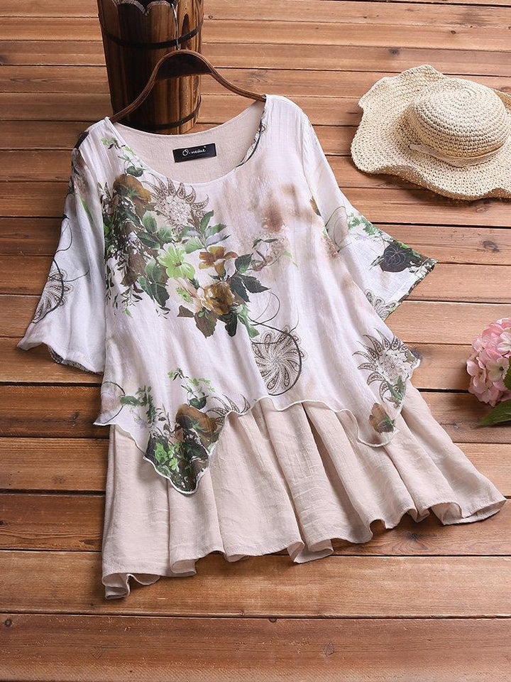 Comfysol Vintage Patchwork Print Fake Two-Piece Half Sleeve Plus Size Blouse