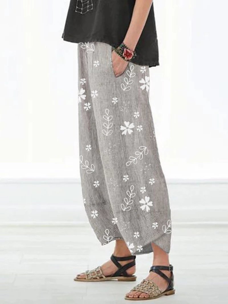Comfysol Casual Floral Printed Pockets Pants