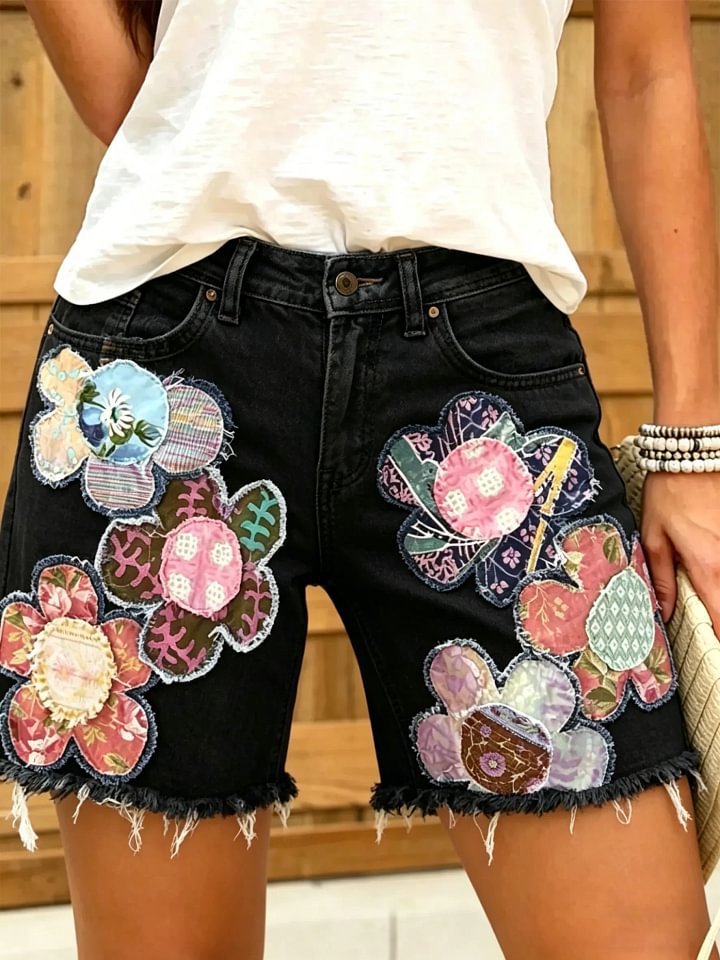Women Ethnic Floral Print Denim Shorts