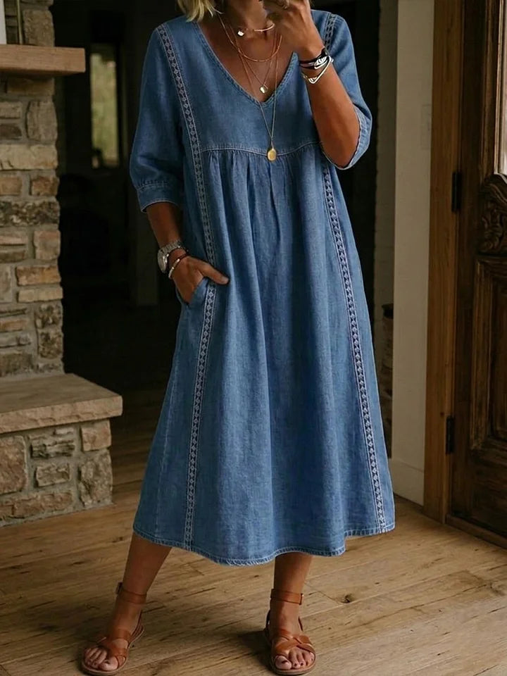 Vintage Denim Midi Dress with Lace Trim – Loose Fit Casual Shirt Dress