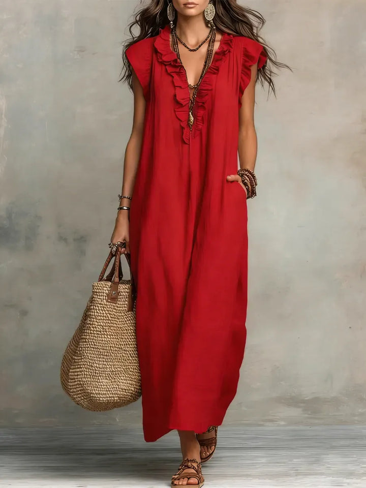 Elegant Ruffled Cotton Linen Dress – Casual Loose Fit Midi Dress