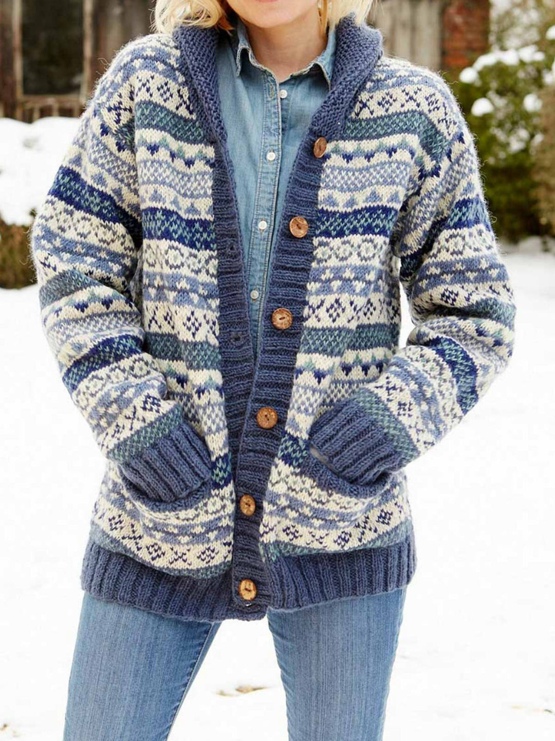 Comfysol Women's Hand Knitted Shawl Collar Fair Isle Cardigan