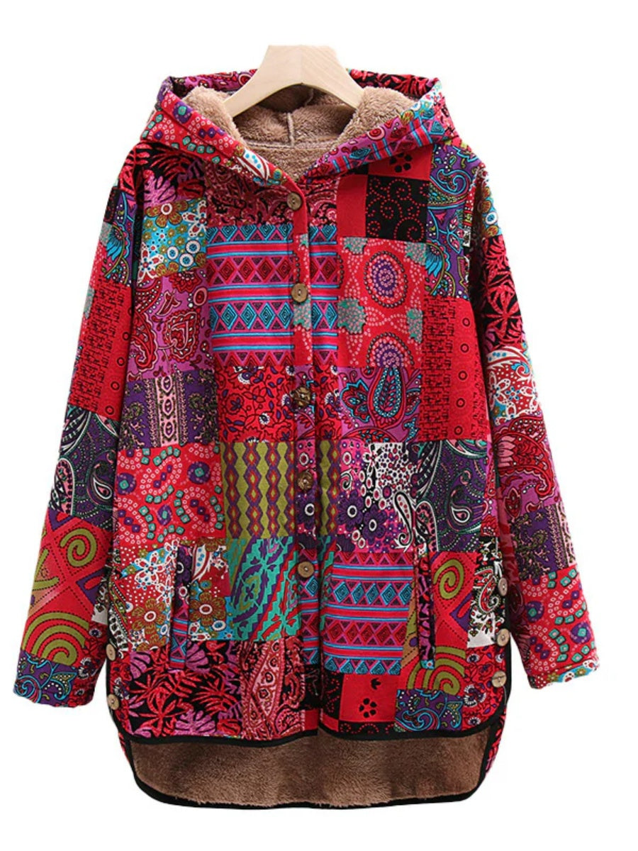 Comfysol Bohemian Patchwork Button Up Hooded Jacket