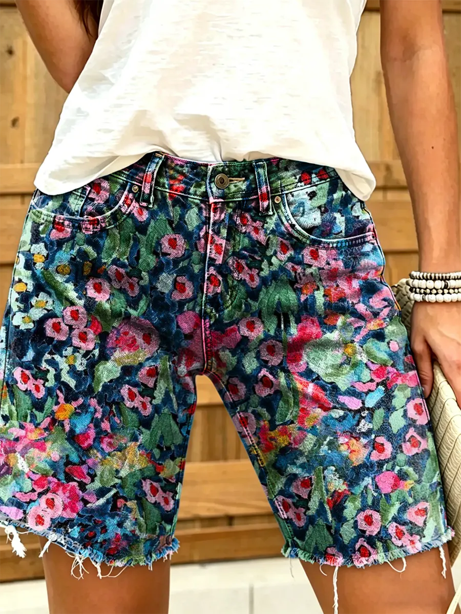 Women's Vintage Floral Print Denim Shorts