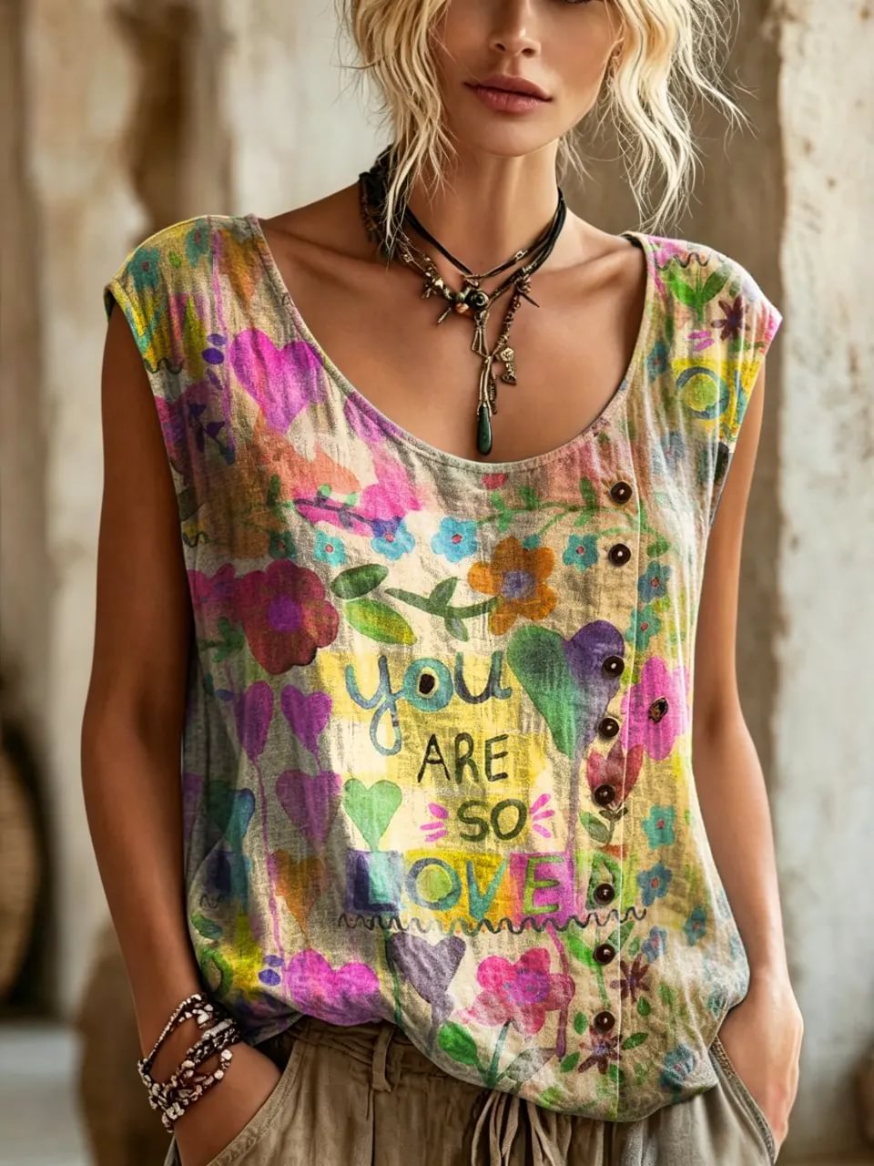 Women's Heart Floral Text Print Button Detail Sleeveless Top