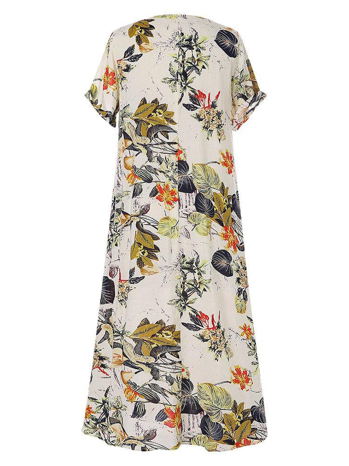 Comfysol Pleated Leaves Floral Print Vintage Dress