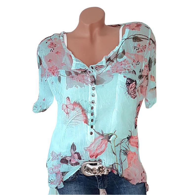 Comfysol Floral Printed V-neck Short Sleeve Blouse