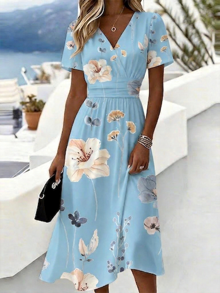 Women's Summer V-Neck Short Sleeve Printed Waist Cinched Dress