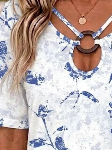 Vintage Floral Ring Keyhole Neck Short Sleeve T-shirt