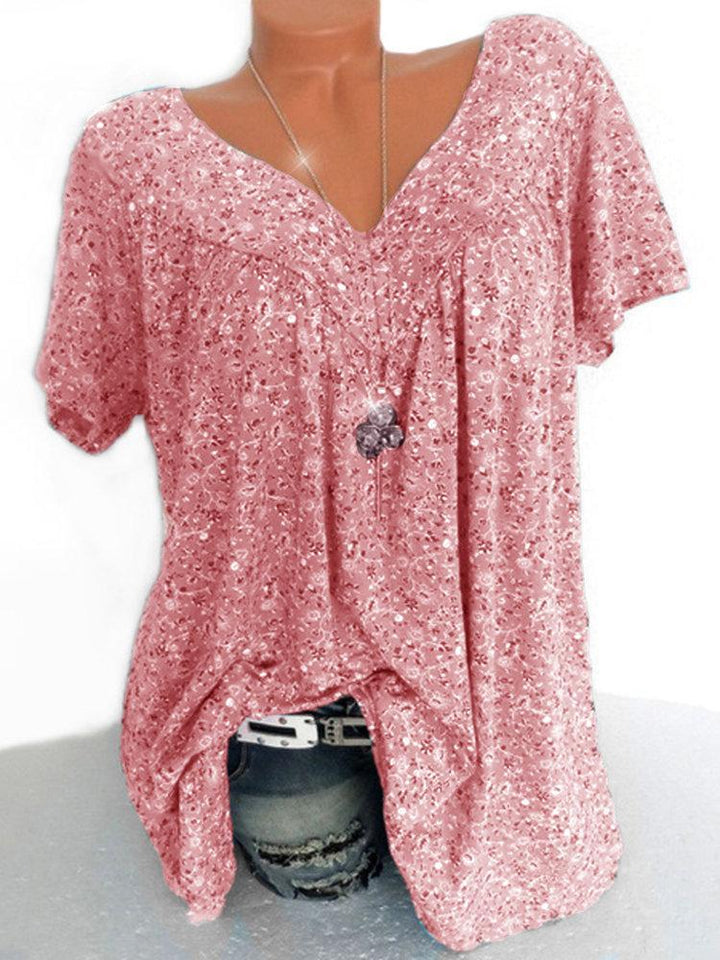 Comfysol Print Floral Short Sleeve V-neck Blouse