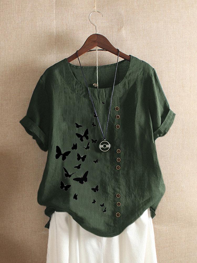 Comfysol Butterflies Print Button Short Sleeve Casual T-shirt