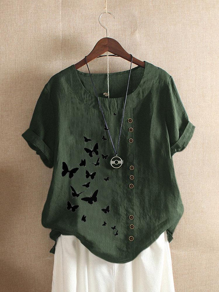 Comfysol Butterflies Print Button Short Sleeve Casual T-shirt