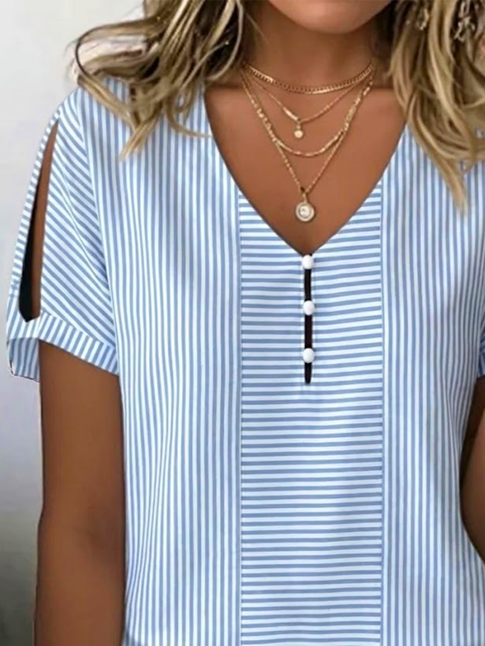 Lightweight Striped V-Neck Blouse