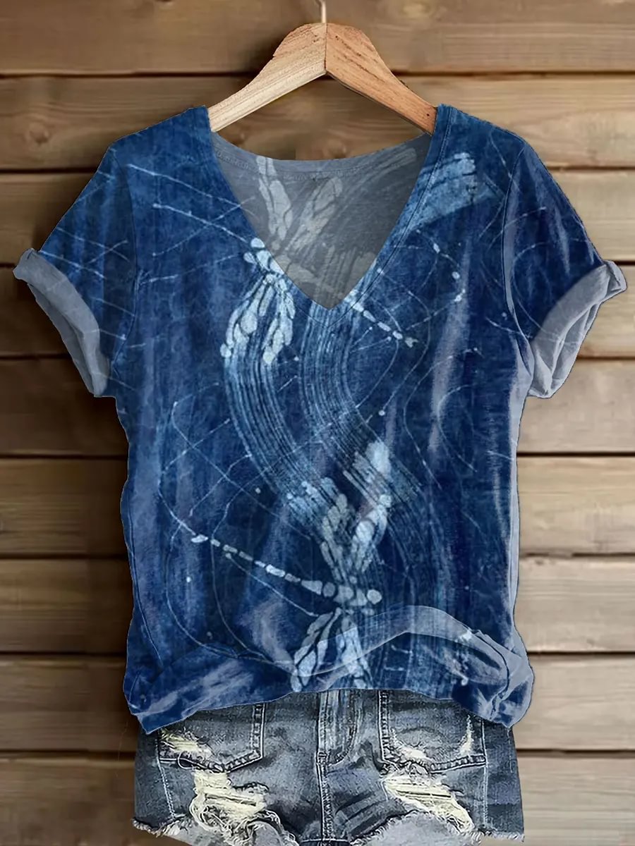 Women's Short-sleeve V-neck Top With Artistic Print Featuring A Wavy Dragonfly Design