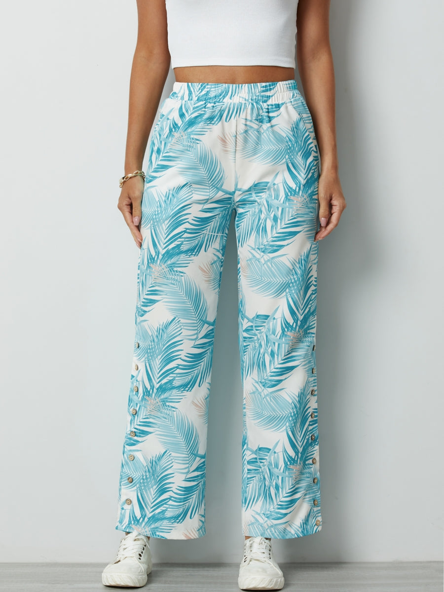 Comfysol Aqua Palm Leaves Casual Pants with Buttons