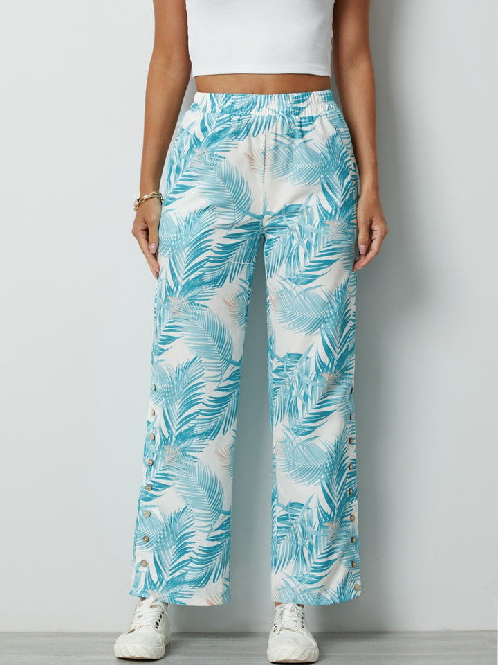 Comfysol Aqua Palm Leaves Casual Pants with Buttons