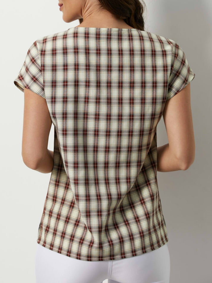 Comfysol Plaid Casual Summer Round Neck Blouse