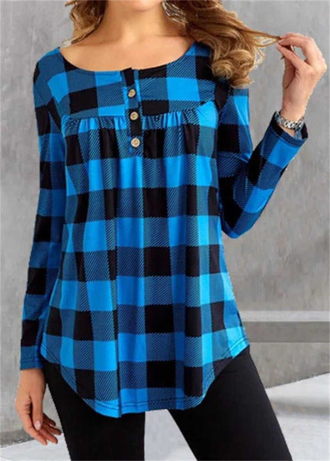 Comfysol Blue Casual Round Neck Plaid Printed Long Sleeve Blouse