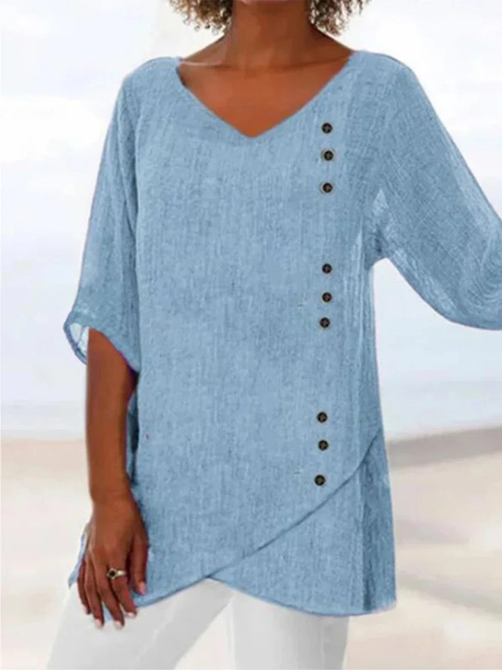 Comfysol Blue V-neck Half Sleeve Button-front Women's Casual Blouse