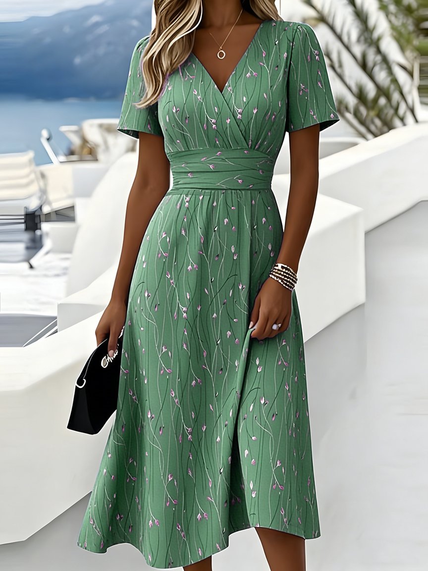 Elegant Leaf Print Short Sleeve Beach Dress
