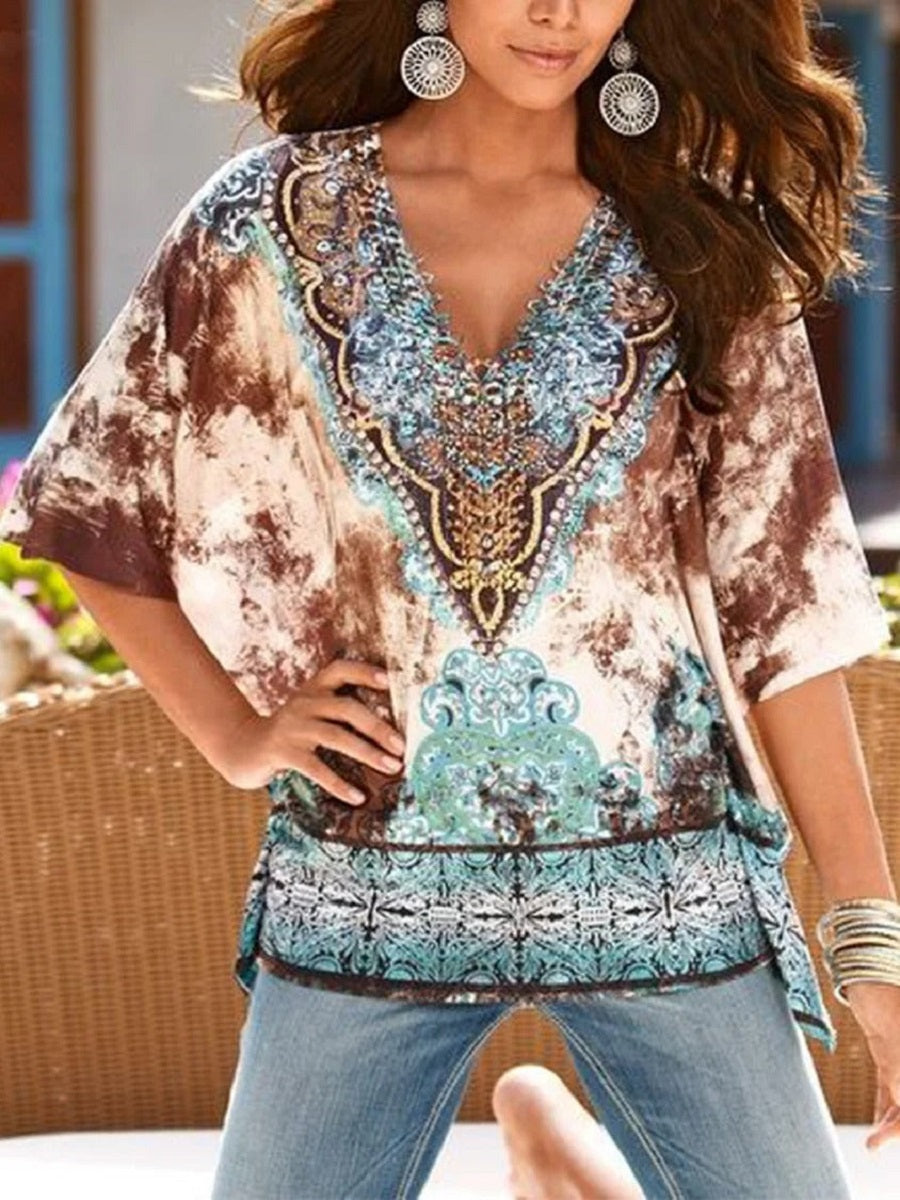 Comfysol Multicolor Casual V Neck Tie-dye Half Sleeve Blouse
