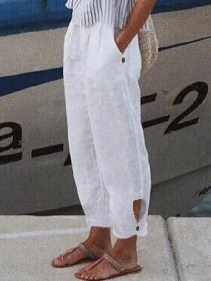 Comfysol White Casual Solid Hollow Pants with Pockets