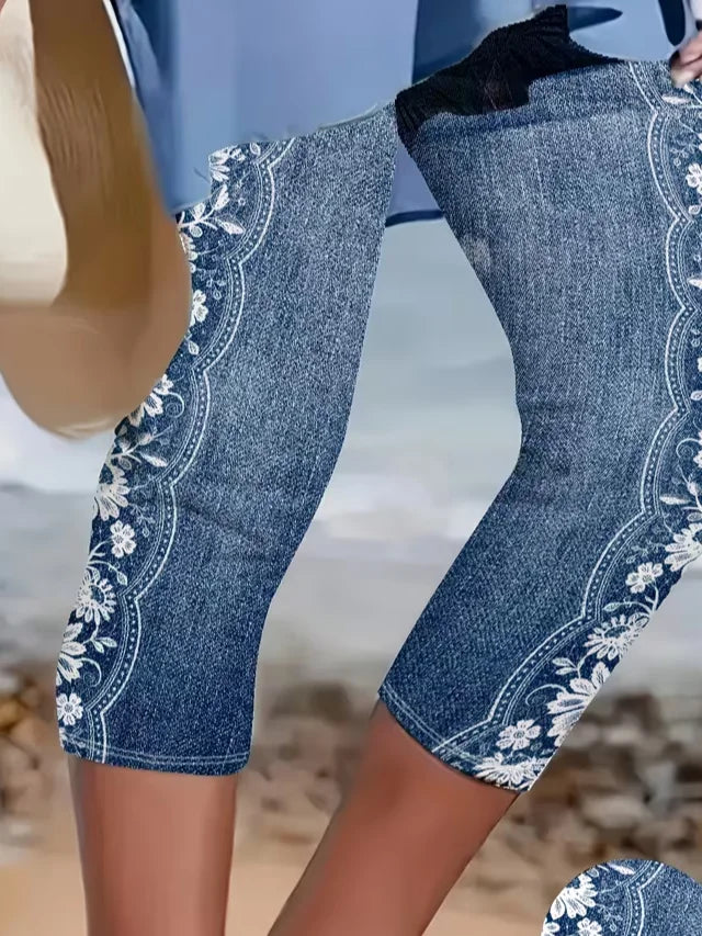 Women's Summer Vintage Floral Pattern Elastic Waist Cropped Pants