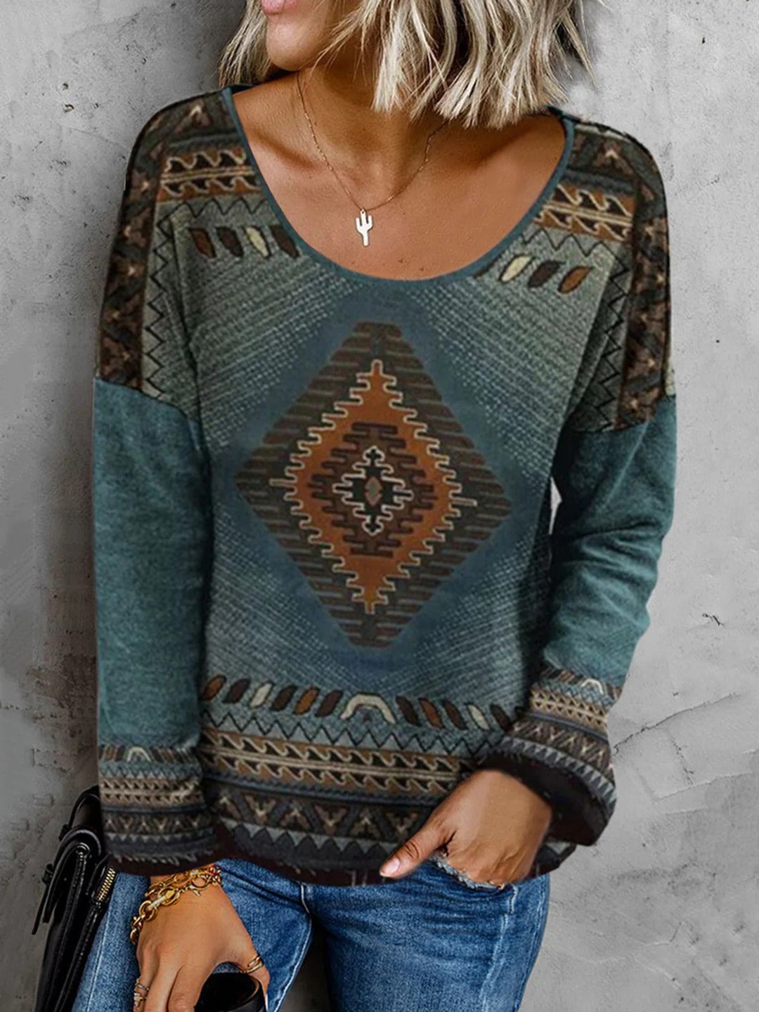 Comfysol Green Casual Graphic Tops Round Neck Geometric Long Sleeve Sweatshirts