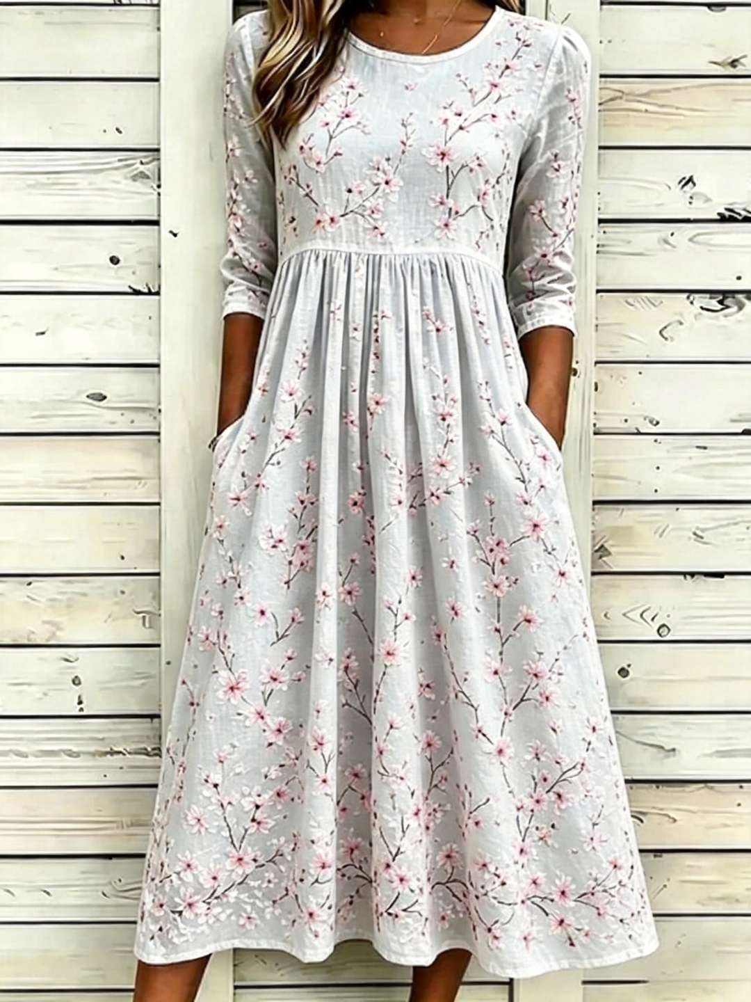 Floral Print Crew Neck A-Line Midi Dress with Pockets