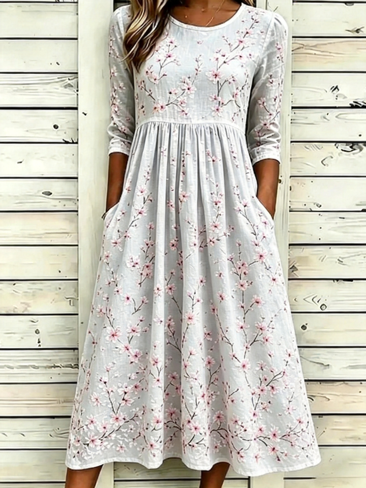 Floral Print Crew Neck A-Line Midi Dress with Pockets