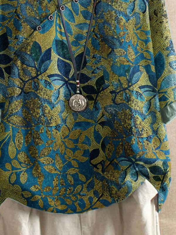 Comfysol Round Neck Bronzing Leaf Print Casual Blouse
