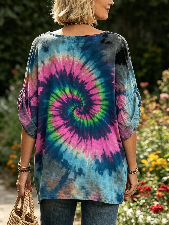 Women's Spiral Tie-Dye Print Boho V-Neck Casual Top