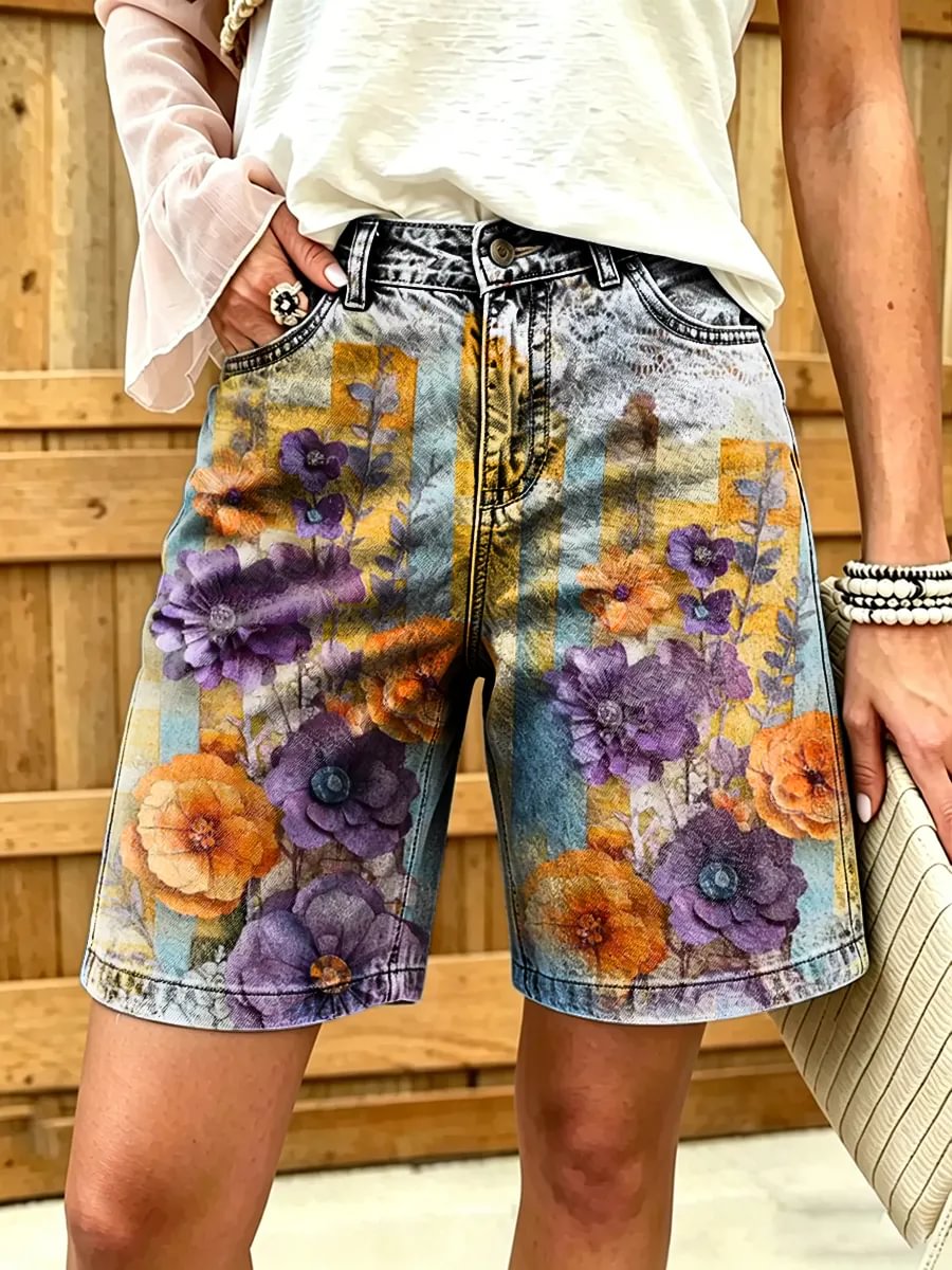 Women's Floral Watercolor Print Cotton Denim Shorts