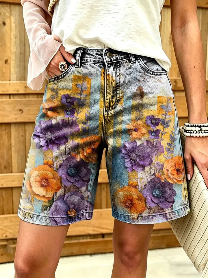Women's Floral Watercolor Print Cotton Denim Shorts