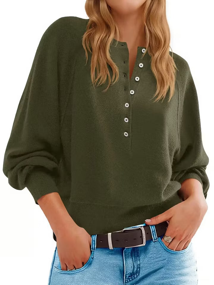 Womens Henley Button Fall Long Sleeve Loose Knit Pullover Top