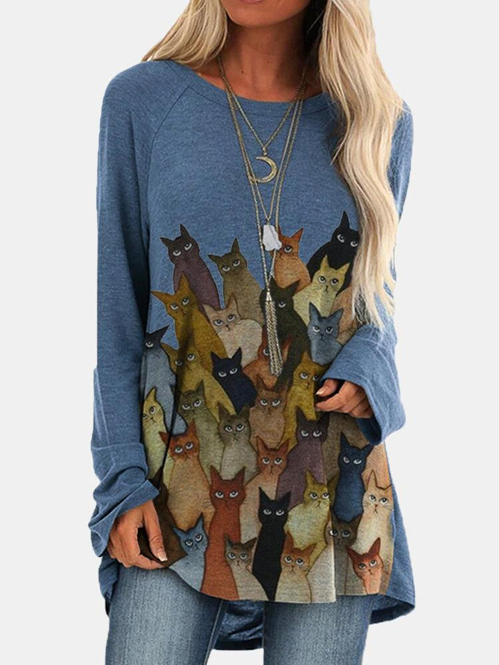 Comfysol Cartoon Cat Print O-neck Long Casual T-shirt