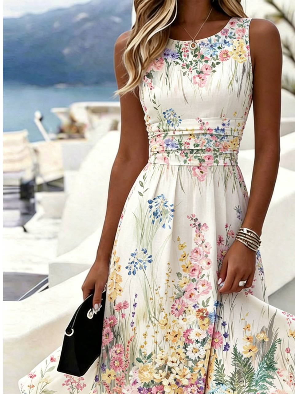 Floral Print Crew Neck Sleeveless Waist Cinched Summer Dress