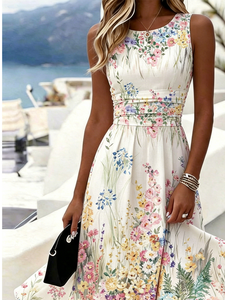 Floral Print Crew Neck Sleeveless Waist Cinched Summer Dress