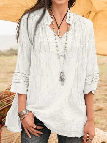 Comfysol Stand Collar Solid Lace Casual Boho 3/4 Sleeve Blouse