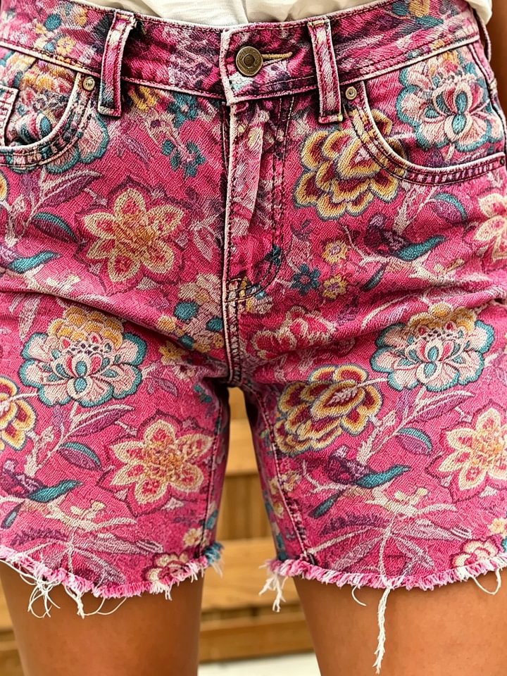 Women's Retro Ethnic Floral Art Print Casual Washed Cotton Denim Shorts