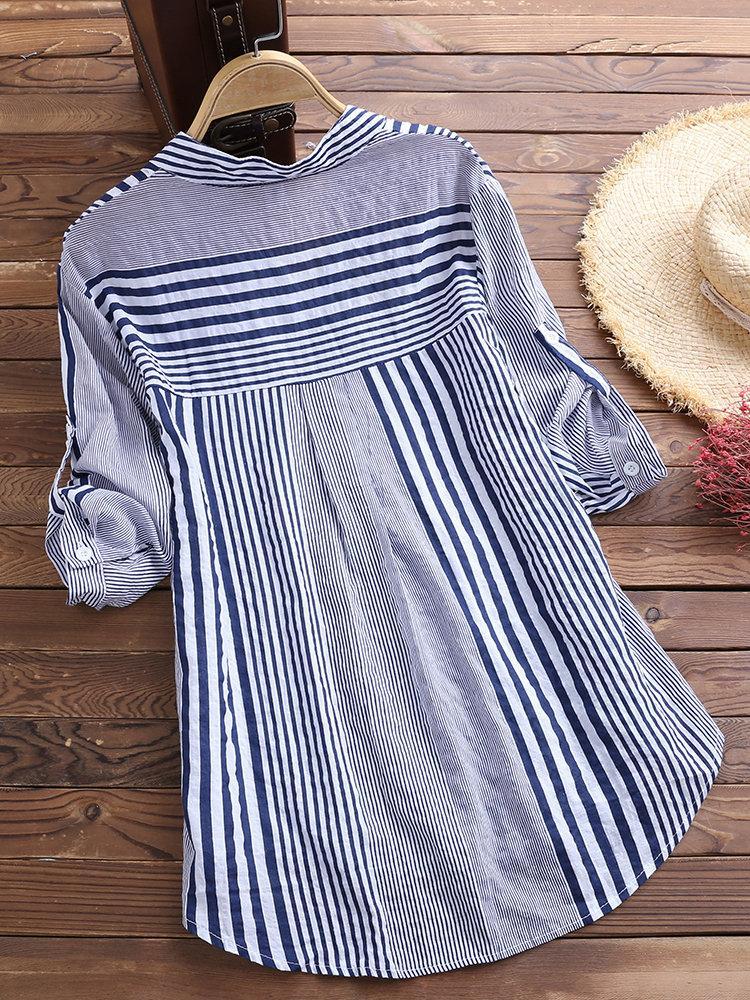 Comfysol Patchwork Stripe Print Stand Collar Irregular Casual Shirts