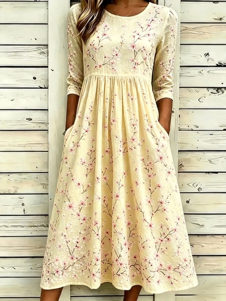 Floral Print Crew Neck A-Line Midi Dress with Pockets