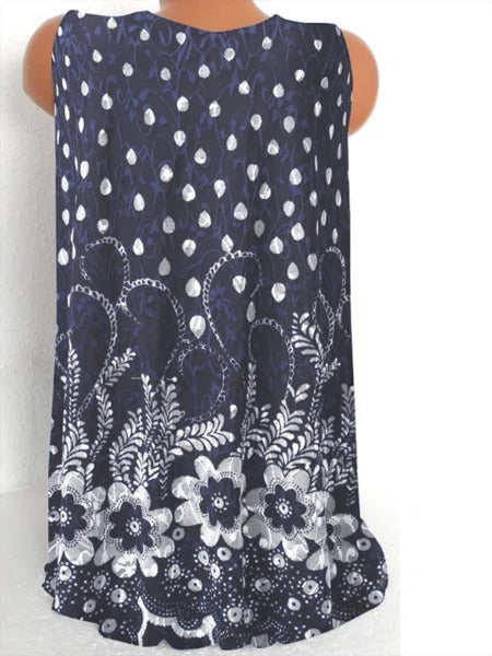 Comfysol Navy Casual Graphic Tops V Neck Floral Printed Sleeveless Tank