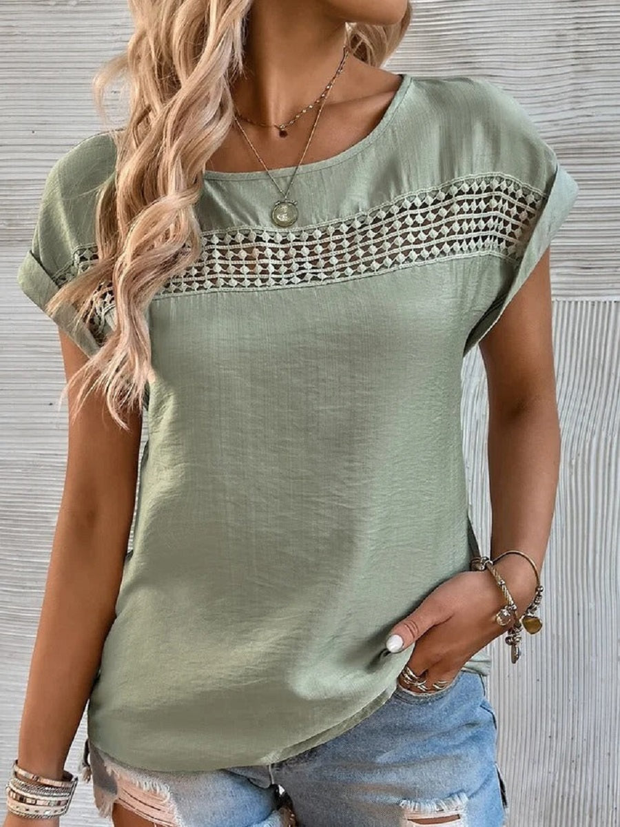 Comfysol Green Casual Round Neck Solid Short Sleeve Blouse