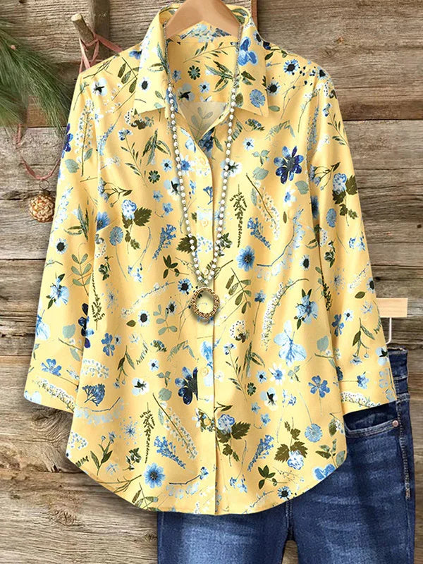 Women Abstract Long Sleeve Shirt Spring/Fall Buckle Shirt Collar Regular Sleeve Daily Casual Top