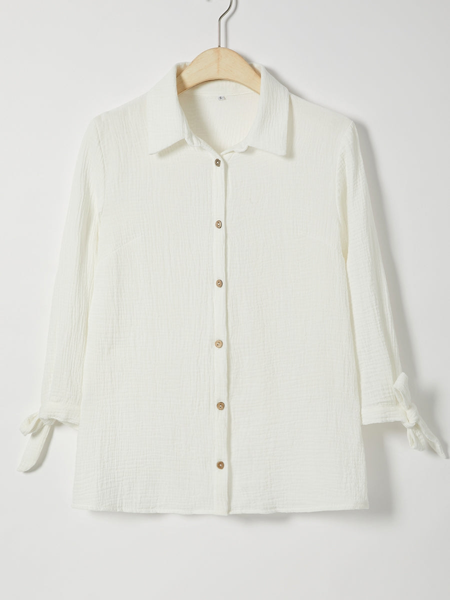 Comfysol Solid Color Bowknot Lapel Long Sleeve Blouse with Buttons