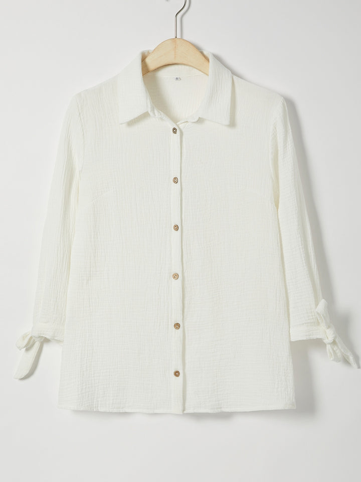 Comfysol Solid Color Bowknot Lapel Long Sleeve Blouse with Buttons