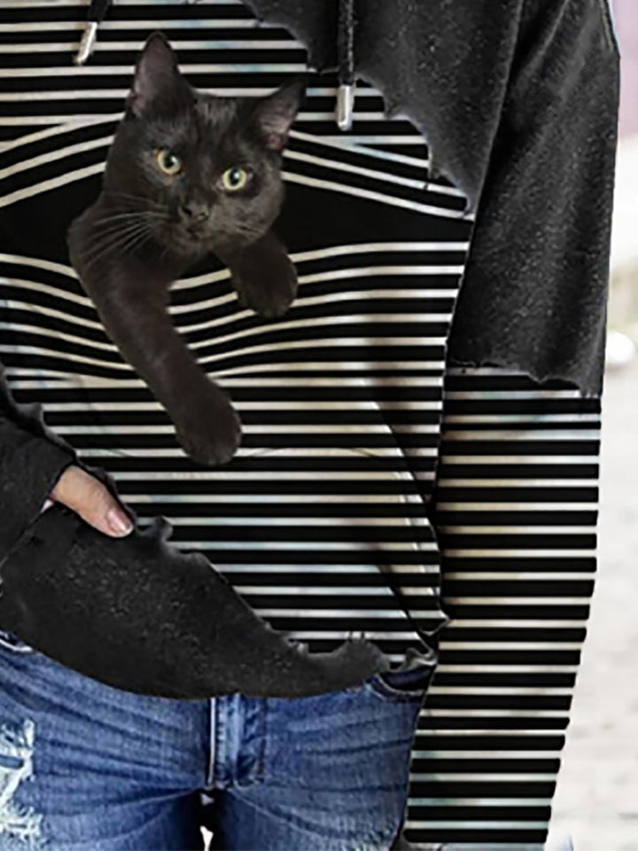 Comfysol Black Cat Print Patchwork Striped Long Sleeve Hooded Sweatshirt