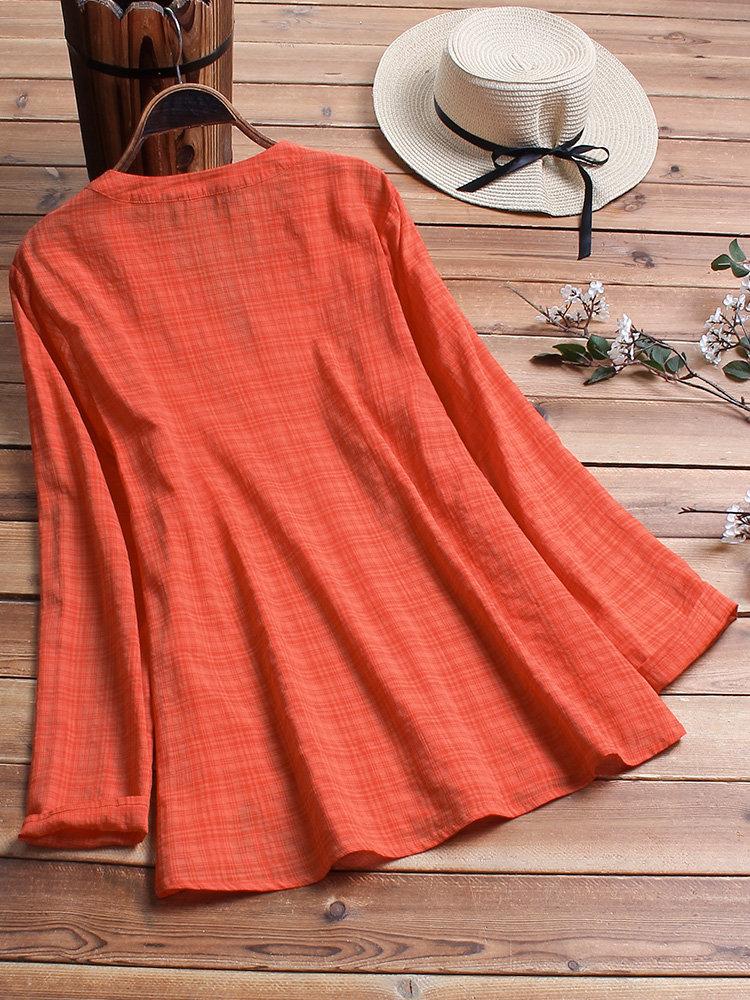 Comfysol Vintage Plaid Side Button V-neck Long Sleeve Blouse